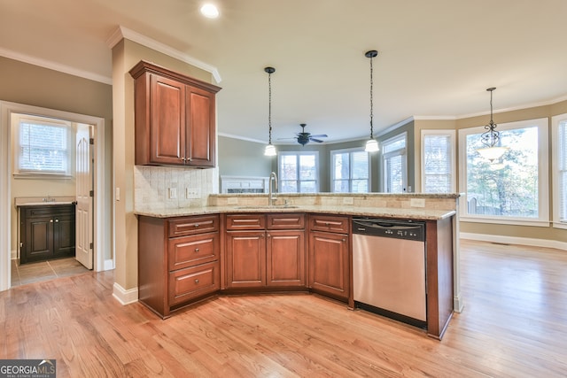 kitchen with dishwasher, ceiling fan, light wood-type flooring, and ornamental molding