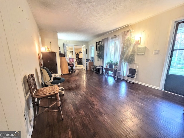 sitting room featuring a textured ceiling and dark wood-type flooring