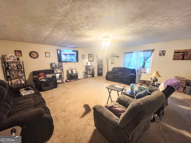 carpeted living room featuring a textured ceiling