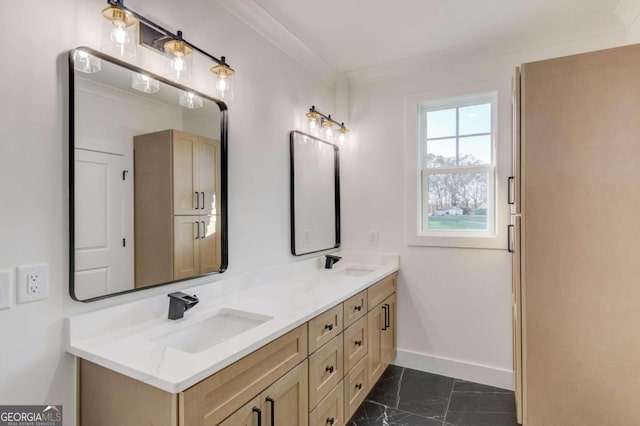 bathroom featuring vanity and ornamental molding