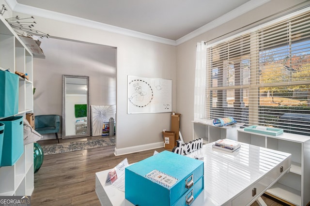 office with dark hardwood / wood-style floors and ornamental molding