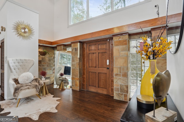 foyer featuring a high ceiling, dark wood-type flooring, a healthy amount of sunlight, and beam ceiling