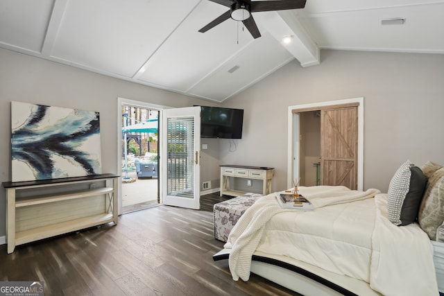 bedroom featuring vaulted ceiling with beams, dark hardwood / wood-style floors, ceiling fan, and access to exterior