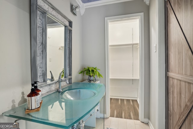 bathroom with vanity, wood-type flooring, and crown molding