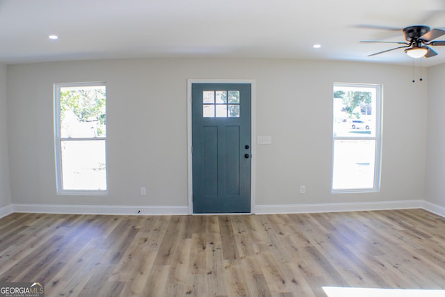 entryway featuring light hardwood / wood-style floors and ceiling fan