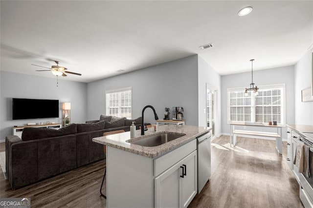 kitchen featuring white cabinetry, sink, a kitchen island with sink, and plenty of natural light