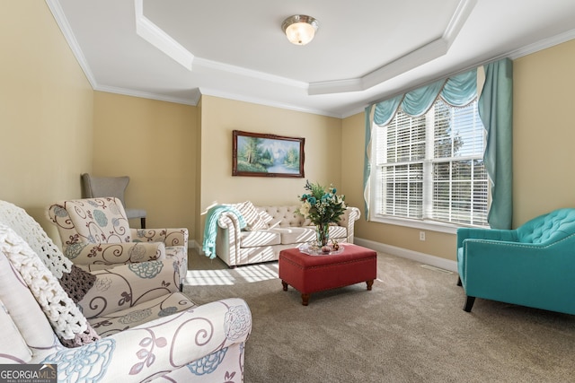 2202 Escalade Ct, Conyers, GA 30094 - living room with a raised ceiling, carpet flooring, and crown molding