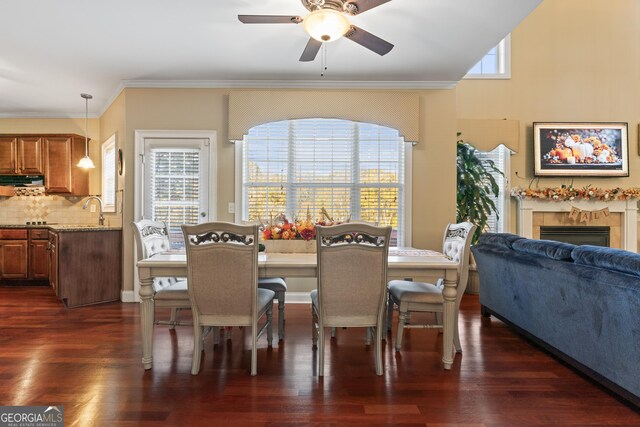 2202 Escalade Ct, Conyers, GA 30094 - dining space featuring ceiling fan, dark wood-style floors, a tiled fireplace, and ornamental molding