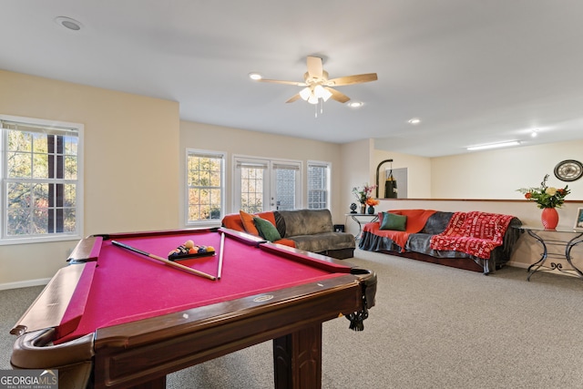 2202 Escalade Ct, Conyers, GA 30094 - game room featuring carpet flooring, healthy amount of natural light, ceiling fan, billiards table, and recessed lighting