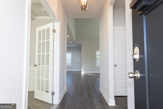 hallway with dark wood-type flooring