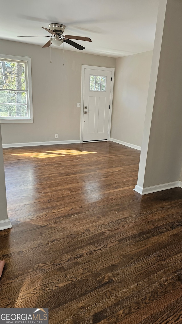 foyer with plenty of natural light, dark wood-type flooring, and ceiling fan