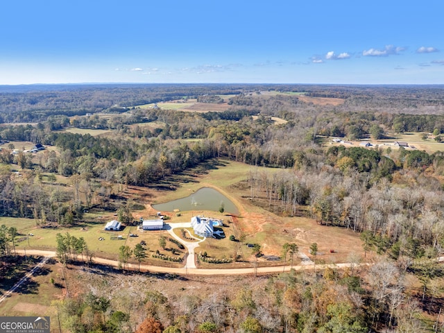 birds eye view of property featuring a water view and a rural view