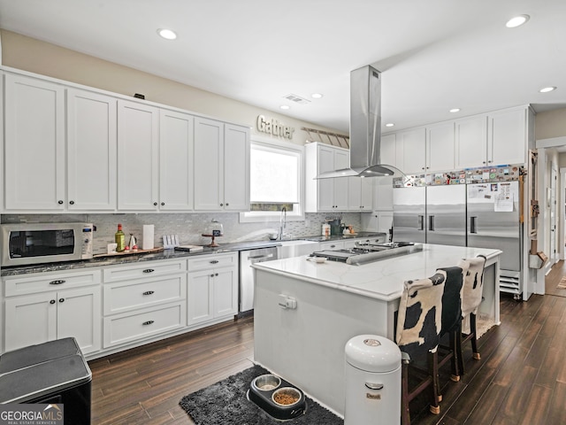 kitchen featuring island range hood, dark hardwood / wood-style flooring, light stone counters, and appliances with stainless steel finishes