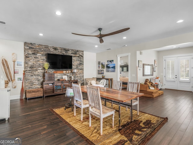 dining area featuring dark hardwood / wood-style floors and ceiling fan