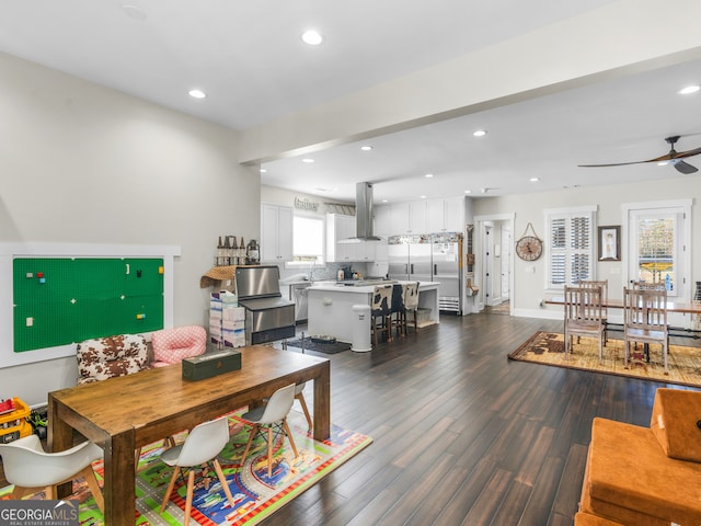 living room featuring ceiling fan and dark hardwood / wood-style flooring