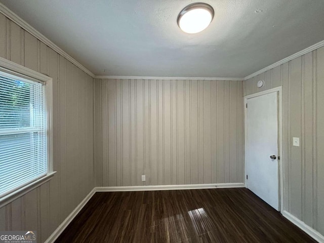 interior space featuring a textured ceiling, dark hardwood / wood-style floors, and crown molding