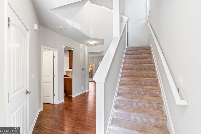 stairway featuring hardwood / wood-style flooring