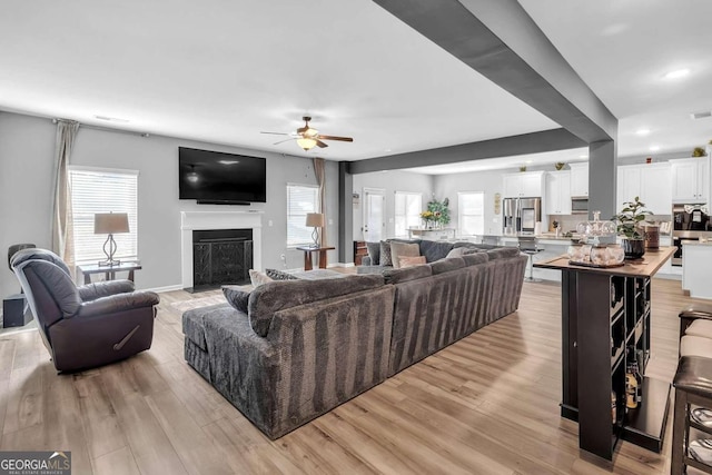 living area featuring light wood-type flooring, a healthy amount of sunlight, and a ceiling fan
