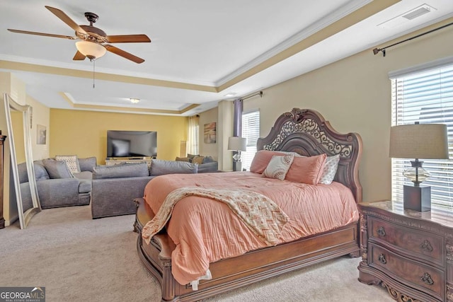 bedroom featuring a tray ceiling, multiple windows, and light carpet