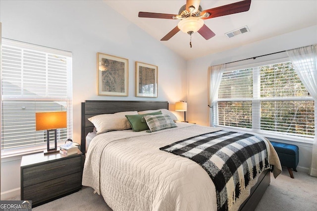 bedroom with carpet, ceiling fan, and lofted ceiling