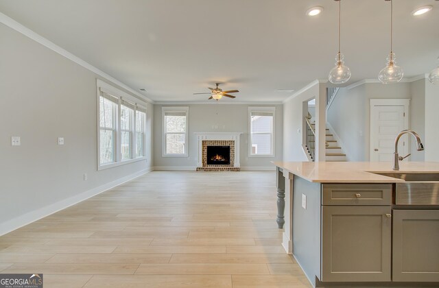 unfurnished living room with plenty of natural light, light hardwood / wood-style flooring, ceiling fan, and crown molding