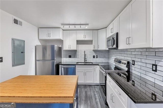 kitchen featuring stainless steel appliances, sink, electric panel, white cabinetry, and dark hardwood / wood-style floors