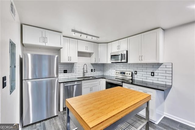 kitchen featuring white cabinets, dark hardwood / wood-style floors, sink, and stainless steel appliances