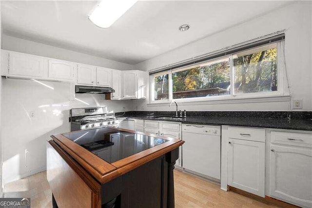 kitchen featuring white cabinets, a wealth of natural light, dishwasher, and stainless steel stove