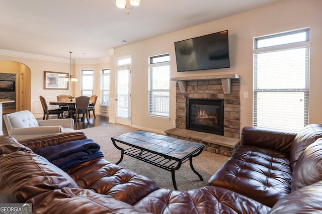 living room with a fireplace, hardwood / wood-style floors, ornamental molding, and a healthy amount of sunlight