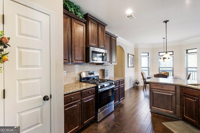 kitchen featuring hanging light fixtures, appliances with stainless steel finishes, dark hardwood / wood-style flooring, and dark brown cabinets