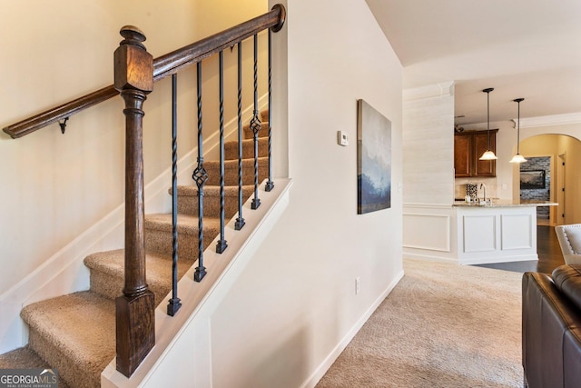 staircase featuring carpet and crown molding