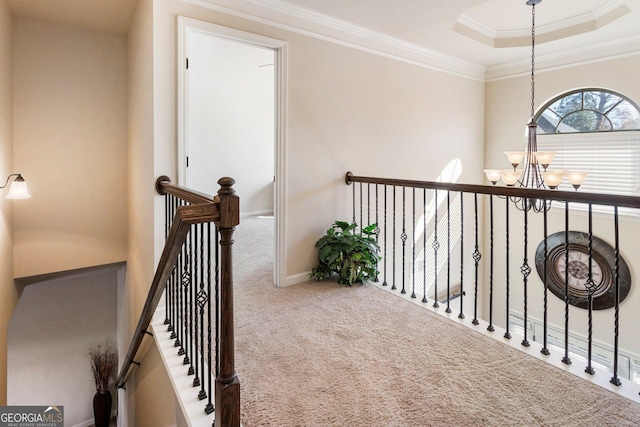 corridor with carpet, a notable chandelier, crown molding, and a tray ceiling