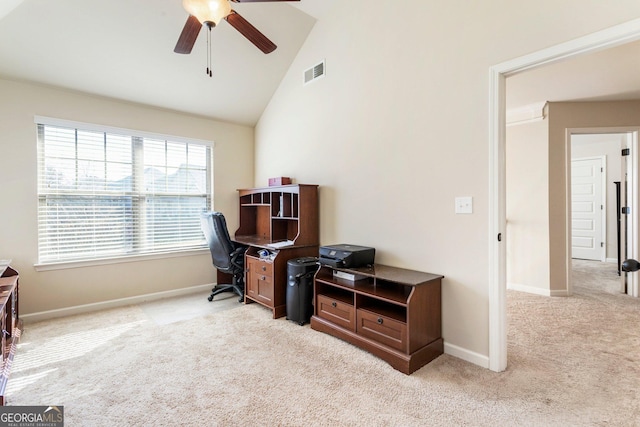 office area featuring ceiling fan, light colored carpet, and high vaulted ceiling