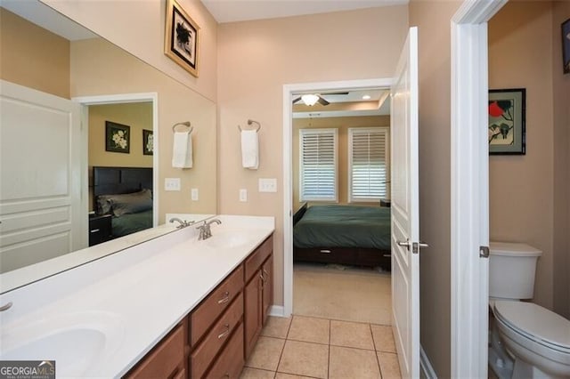 bathroom featuring tile patterned floors, ceiling fan, vanity, and toilet