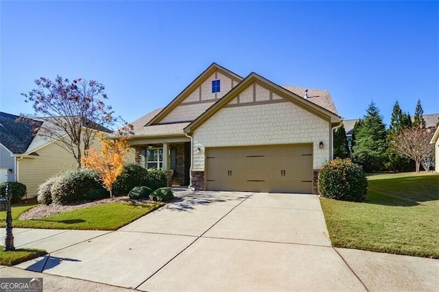 craftsman-style home with a garage and a front lawn