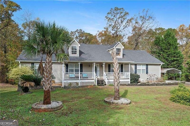 new england style home with a front yard, a porch, and a carport