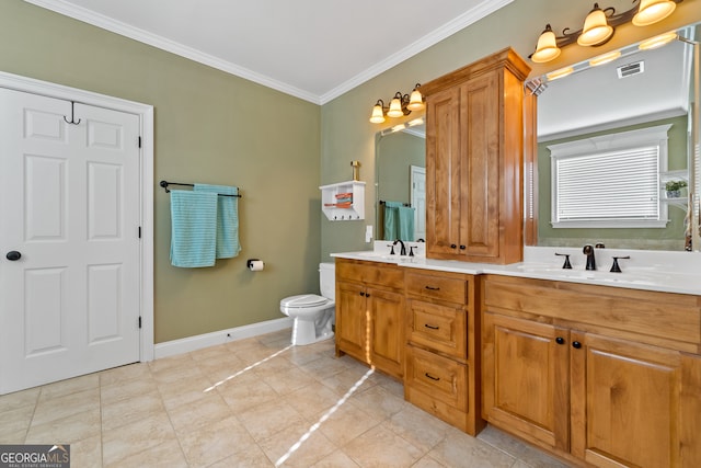 bathroom featuring vanity, toilet, and ornamental molding