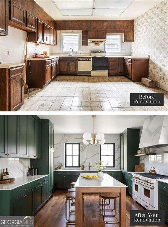 kitchen with pendant lighting, custom exhaust hood, light wood-type flooring, white range oven, and range with gas cooktop