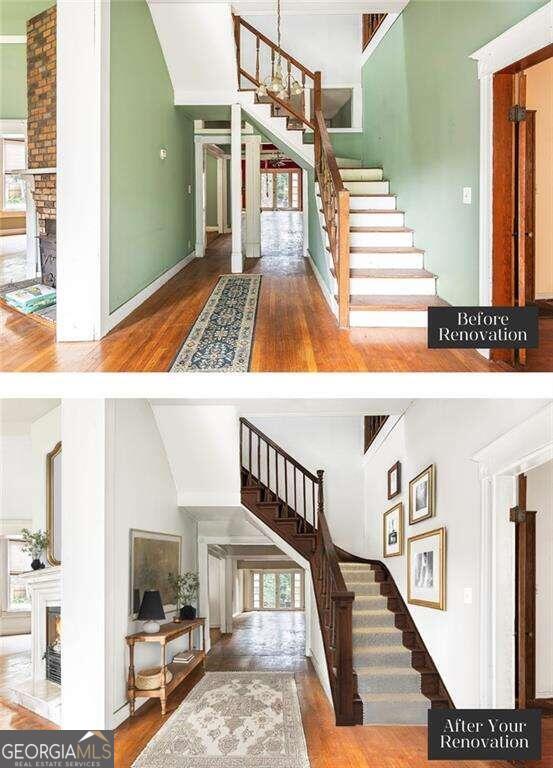 stairway with a fireplace, high vaulted ceiling, and a healthy amount of sunlight