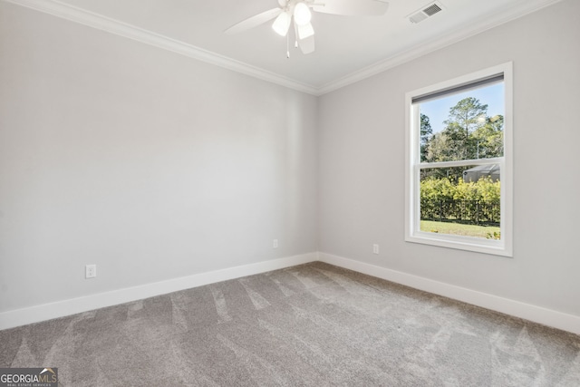 spare room featuring ceiling fan, carpet, and ornamental molding