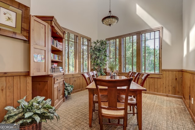 dining area with wood walls and a towering ceiling