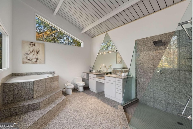 full bathroom featuring lofted ceiling with beams, independent shower and bath, a bidet, vanity, and wood ceiling