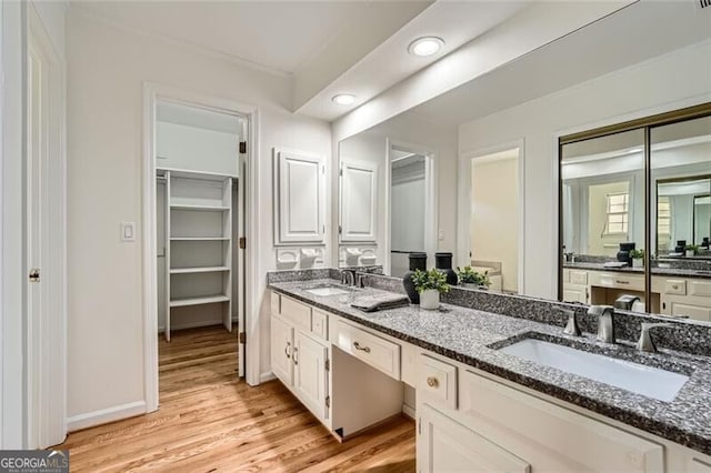 bathroom with hardwood / wood-style floors and vanity