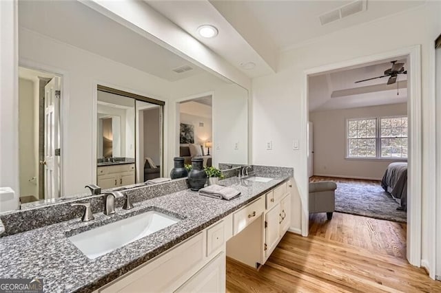 bathroom with ceiling fan, vanity, and wood-type flooring