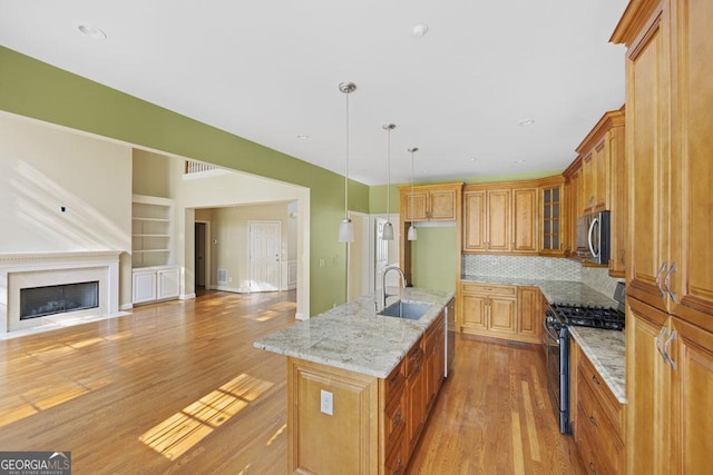 727 Pear Grove Pl, Marietta, GA 30066 - kitchen with stainless steel appliances, a sink, light wood finished floors, open floor plan, and brown cabinets