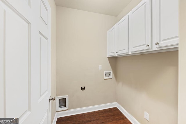 727 Pear Grove Pl, Marietta, GA 30066 - washroom with hookup for an electric dryer, cabinet space, hookup for a washing machine, baseboards, and dark wood-style flooring