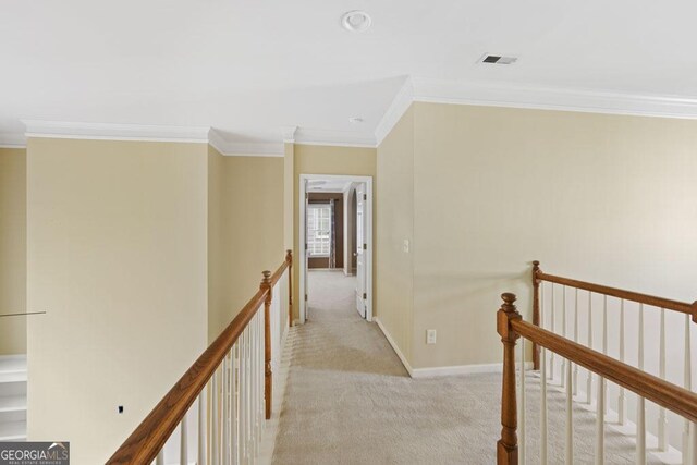 727 Pear Grove Pl, Marietta, GA 30066 - hallway with an upstairs landing, light carpet, ornamental molding, and baseboards