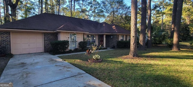 ranch-style house with a front yard and a garage