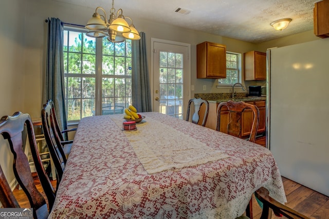 dining area with hardwood / wood-style floors, a healthy amount of sunlight, a textured ceiling, and an inviting chandelier