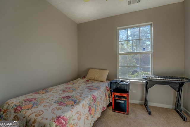 bedroom with a textured ceiling, lofted ceiling, light carpet, and multiple windows